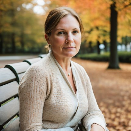 Headshot of Nicole. Nicole has long hair pulled back and is wearing a neutral colored wrap cardigan. She is white-skinned, with blue eyes, and is softly smiling. The location is a park with a fall backdrop.