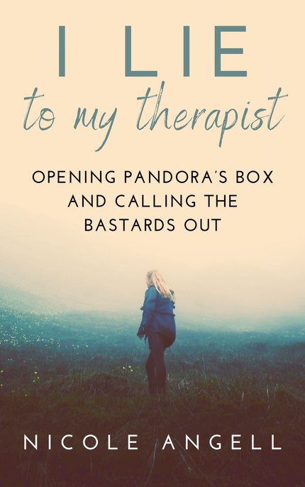 The image shows a book cover with a misty, natural landscape. A person with long blonde hair, dressed in a dark jacket, stands in a field with wildflowers and low visibility due to fog. The title, “I Lie to My Therapist”, is written at the top in large, t